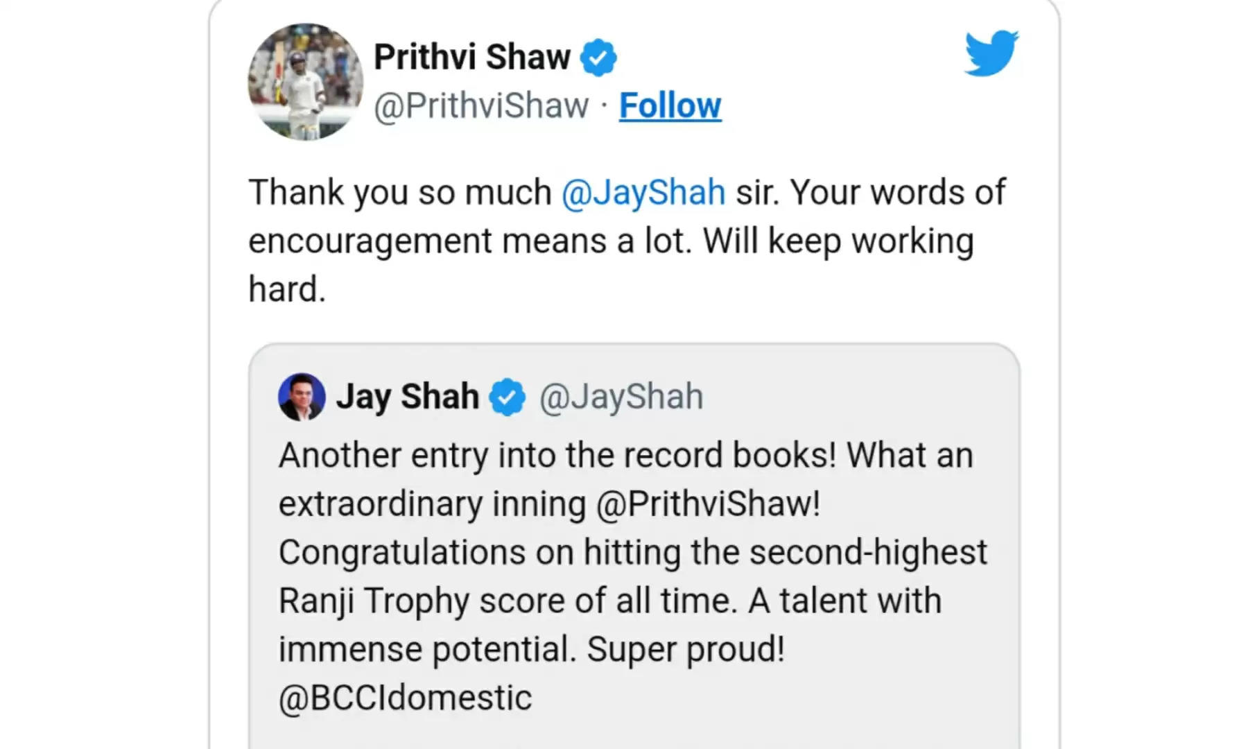 Prithvi Shaw sends message to BCCI secretary Jay Shah 